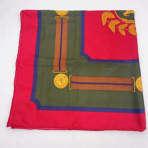 Burberrys Knight Pattern Red x Green x Golden Pure Silk Scarf - Picture 3 of 10